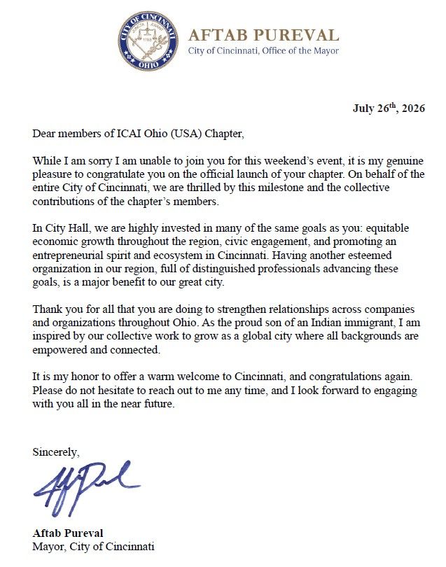 Congratulatory letter from Mayor Aftab Pureval, City of Cincinnati, dated July 26th, 2026